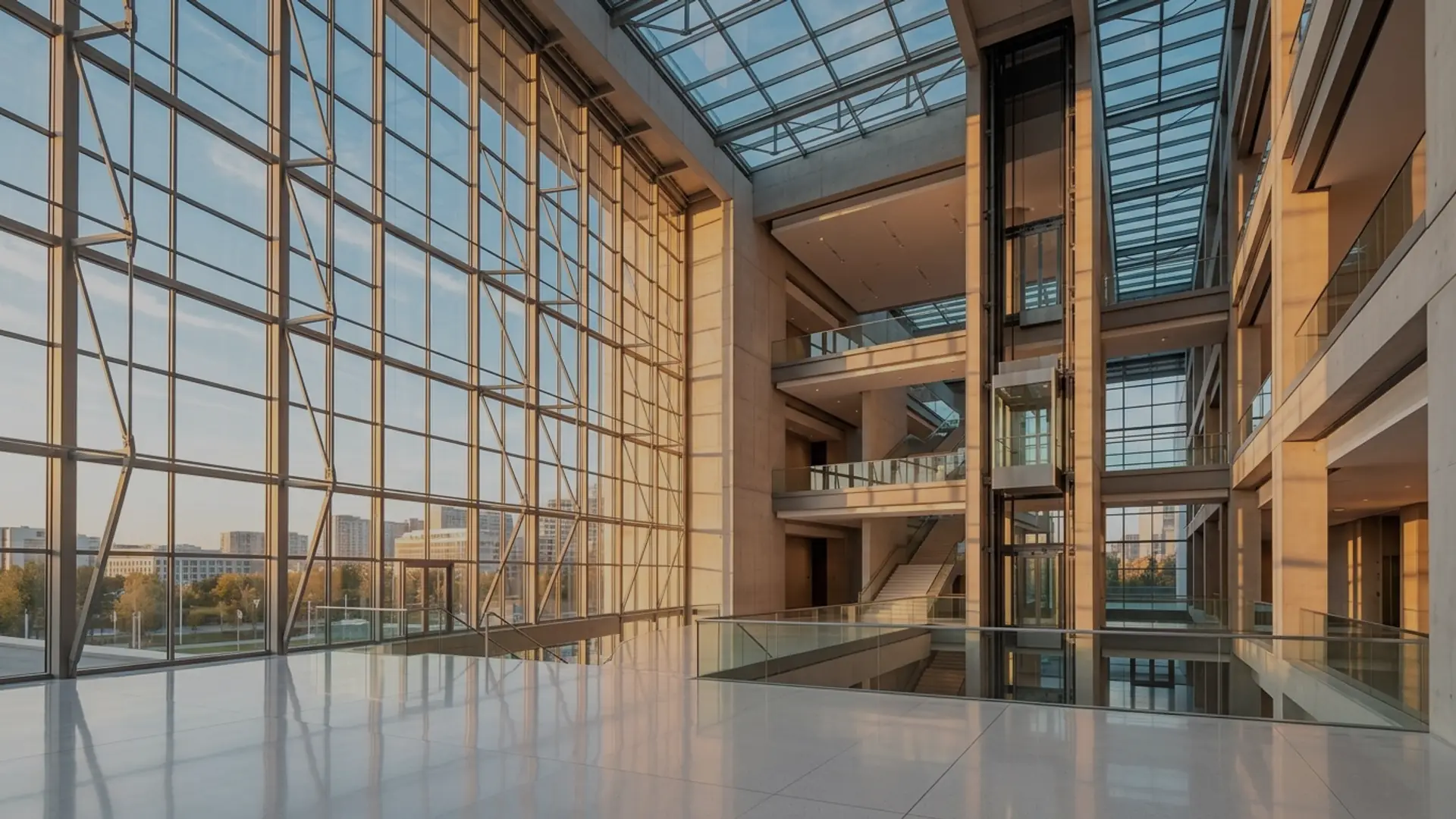Sunlit institutional atrium with glass walls, elevated walkways, and a clear public-facing interior.